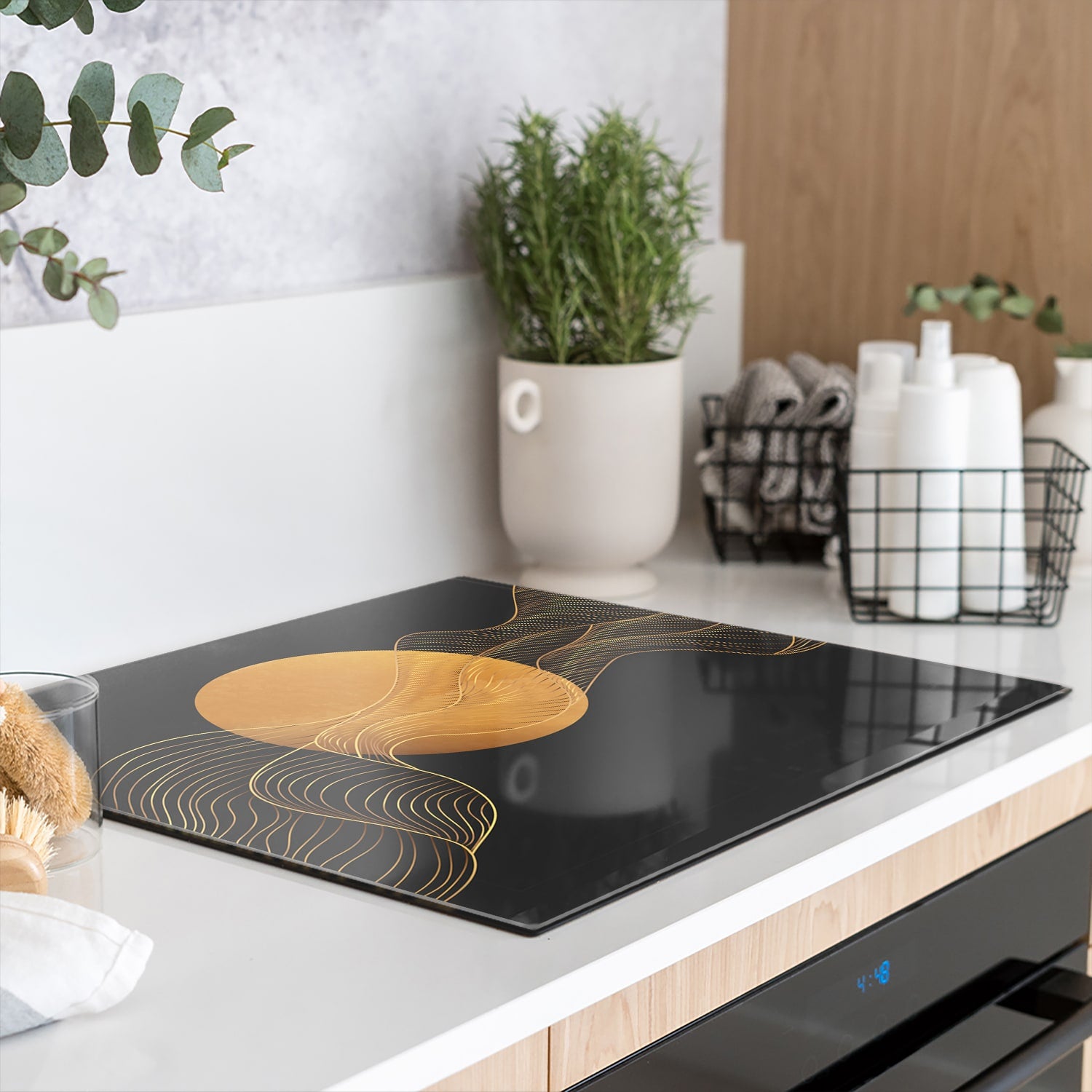 Eigen Afmeting - Inductiebeschermer - Gehard Glas - Gouden Abstracte Lijnen