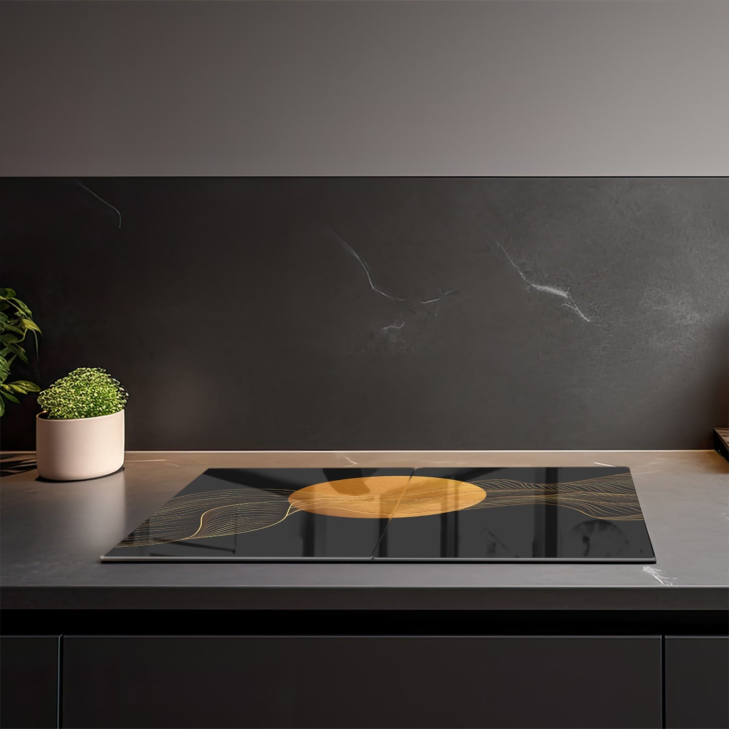 Eigen Afmeting - Inductiebeschermer - Gehard Glas - Gouden Abstracte Lijnen