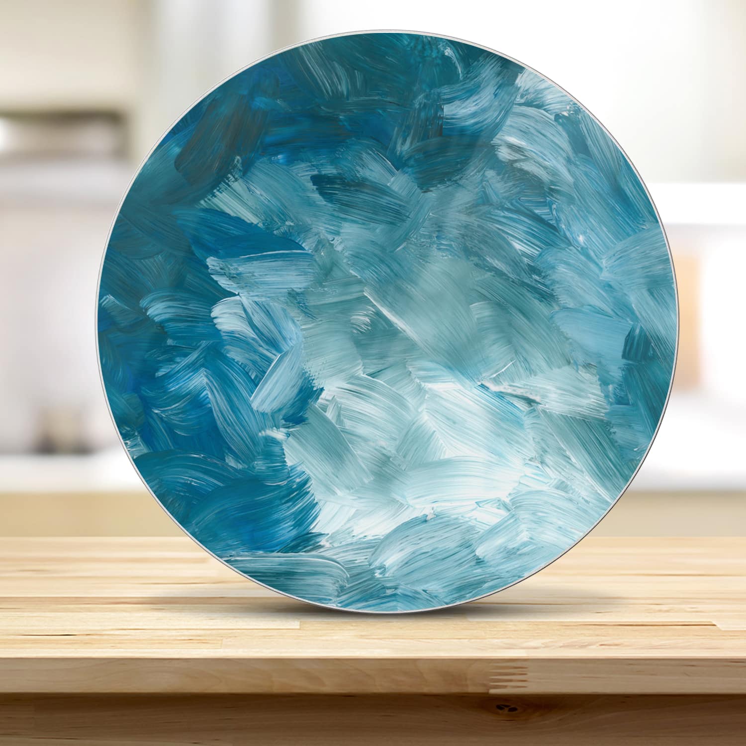 Snijplank Rond - Gehard Glas - Abstracte Blauwe Penseelstroken